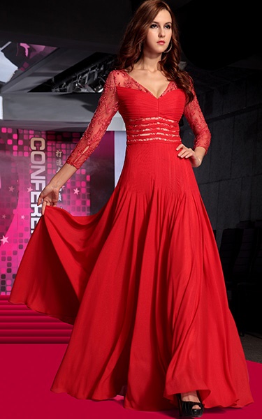 Robe longue rouge manche longue