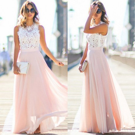 Robe dentelle longue rose