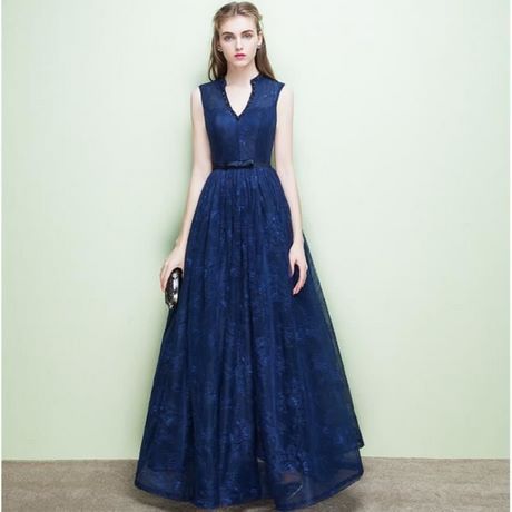 Robe longue dentelle bleu marine