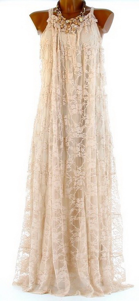 Robe longue dentelle beige