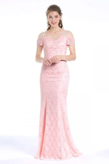 Robe longue rose pale dentelle