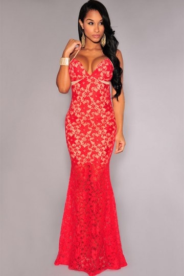 Robe longue rouge dentelle