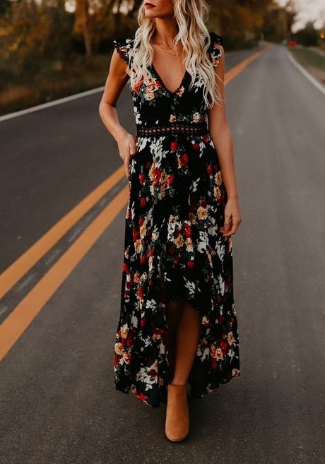 Robe longue noir a fleur