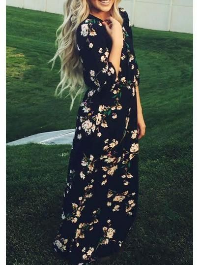 Robe longue noir a fleur