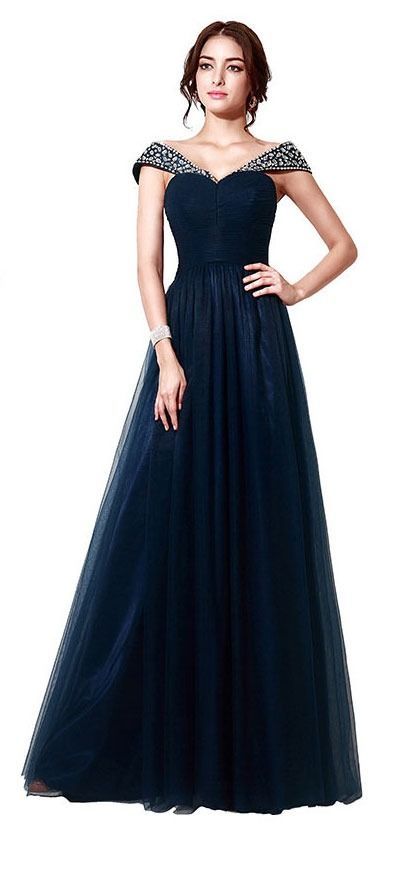 Robe cocktail longue bleu marine